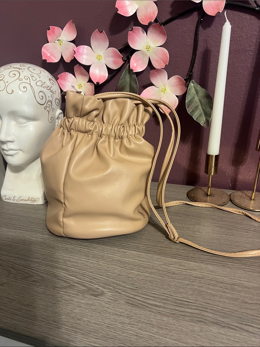 Victoria's Secret Beige Drawstring Crossbody Bucket Bag